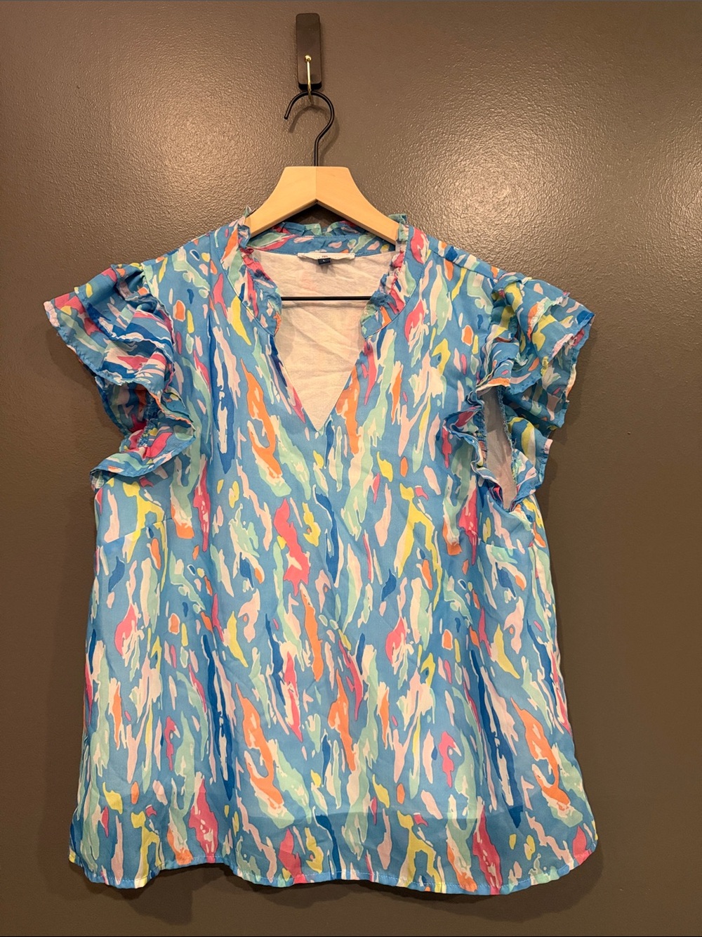 V-Neck Ruffle Sleeve Blouse in Blue Multi-Print